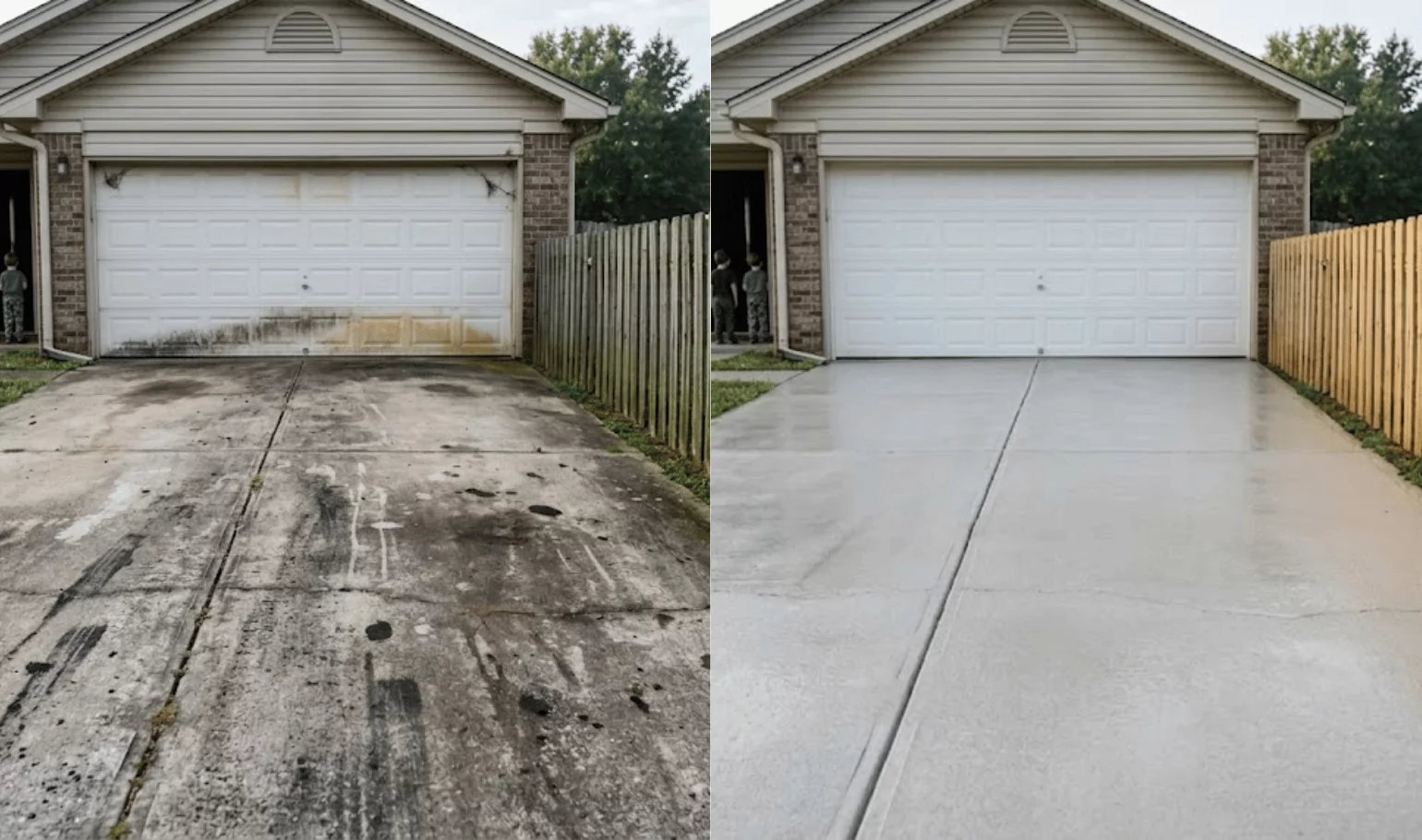 Allée de garage avant avec taches d'huile et saleté, après propre