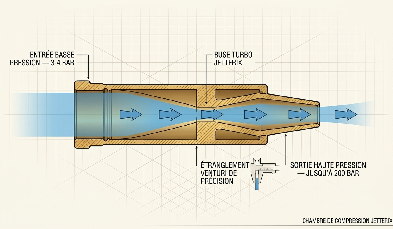 Schéma de la chambre de compression Jetterix — coupe avec entrée basse pression, étranglement Venturi et sortie haute pression